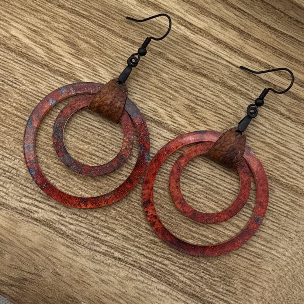 Boho Acrylic and Leather Earrings, Trendy Statement Earrings, Copper Colored
